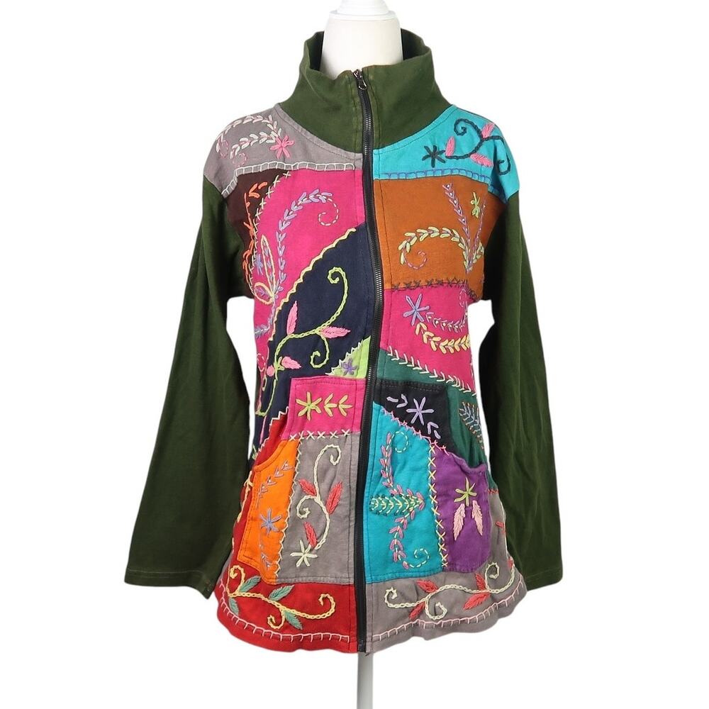 Rising Tide green multicolor patchwork embroidered zip front sweatshirt L